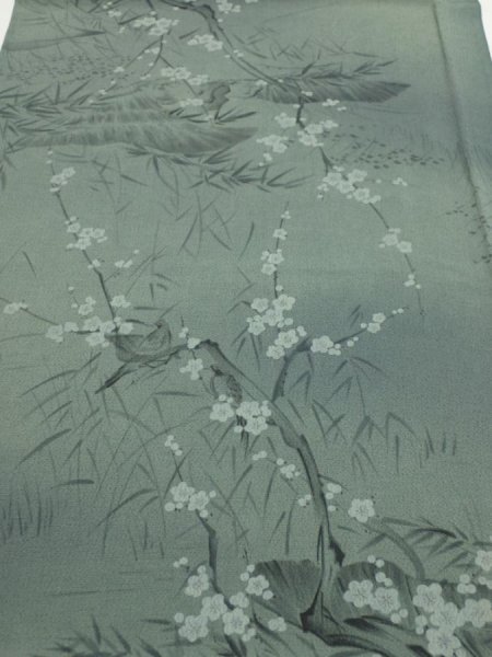 Photo1: 2P01z60  Japanese Kimono Crepe Silk  FABRIC Plum tree Green-Gray 41.7x14.6 (1)
