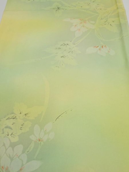 Photo1: 2P01z50  Japanese Kimono Silk  FABRIC Flower Lime green 40.2x14.4 (1)
