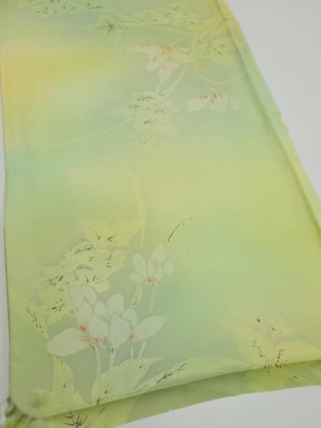 Photo2: 2P01z50  Japanese Kimono Silk  FABRIC Flower Lime green 40.2x14.4 (2)