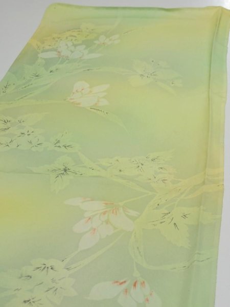 Photo3: 2P01z50  Japanese Kimono Silk  FABRIC Flower Lime green 40.2x14.4 (3)