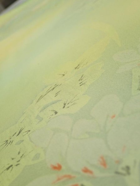 Photo4: 2P01z50  Japanese Kimono Silk  FABRIC Flower Lime green 40.2x14.4 (4)