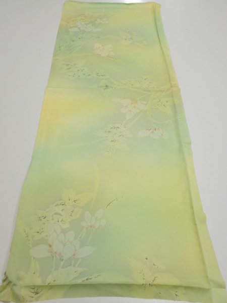 Photo5: 2P01z50  Japanese Kimono Silk  FABRIC Flower Lime green 40.2x14.4 (5)
