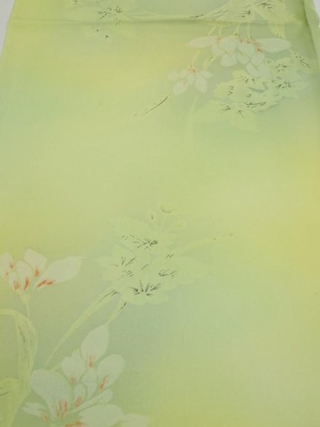 Photo1: 2P02z50  Japanese Kimono Silk  FABRIC Flower Lime green 40.2x14.4 (1)