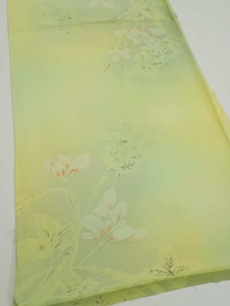 Photo2: 2P02z50  Japanese Kimono Silk  FABRIC Flower Lime green 40.2x14.4 (2)