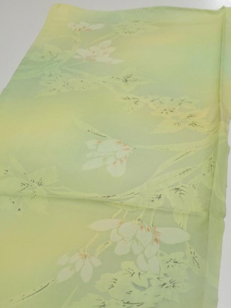 Photo3: 2P02z50  Japanese Kimono Silk  FABRIC Flower Lime green 40.2x14.4 (3)