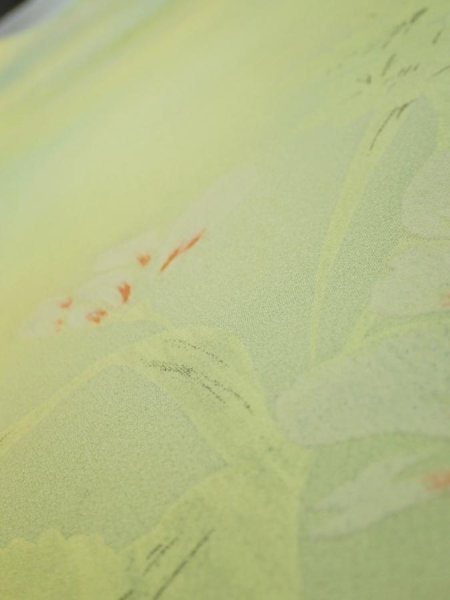 Photo4: 2P02z50  Japanese Kimono Silk  FABRIC Flower Lime green 40.2x14.4 (4)