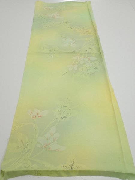 Photo5: 2P02z50  Japanese Kimono Silk  FABRIC Flower Lime green 40.2x14.4 (5)
