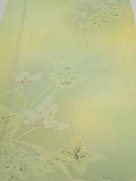 Photo1: 2P04z80  Japanese Kimono Silk  FABRIC Flower Lime green 64.2x14.4 (1)