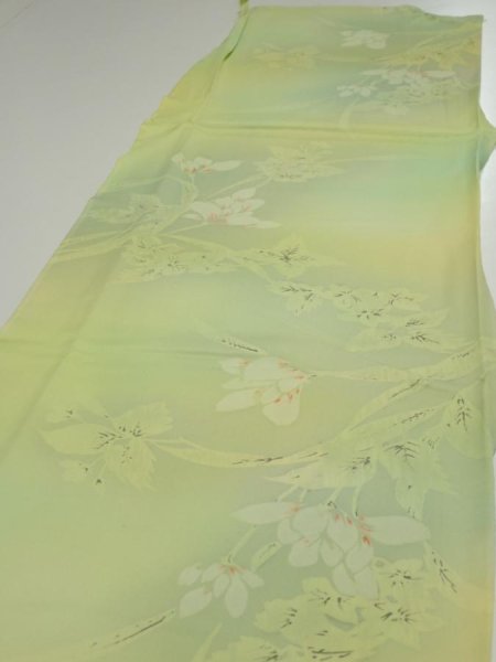 Photo3: 2P04z80  Japanese Kimono Silk  FABRIC Flower Lime green 64.2x14.4 (3)