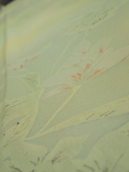Photo4: 2P04z80  Japanese Kimono Silk  FABRIC Flower Lime green 64.2x14.4 (4)