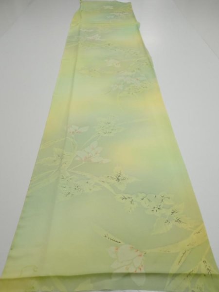 Photo5: 2P04z80  Japanese Kimono Silk  FABRIC Flower Lime green 64.2x14.4 (5)