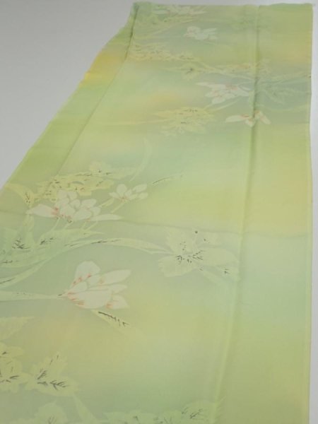 Photo3: 2P05z80  Japanese Kimono Silk  FABRIC Flower Lime green 63.8x14.4 (3)