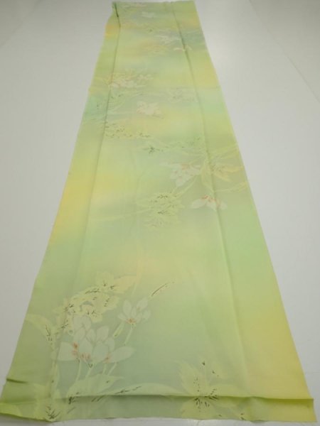 Photo5: 2P05z80  Japanese Kimono Silk  FABRIC Flower Lime green 63.8x14.4 (5)