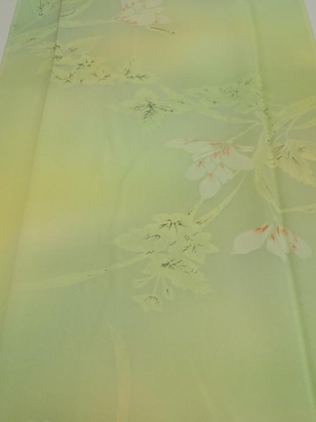 Photo1: 2P06z80  Japanese Kimono Silk  FABRIC Flower Lime green 64.2x14.4 (1)