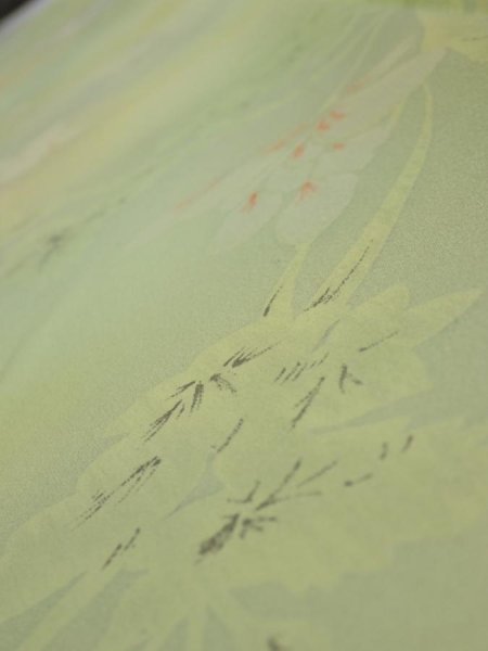 Photo4: 2P06z80  Japanese Kimono Silk  FABRIC Flower Lime green 64.2x14.4 (4)