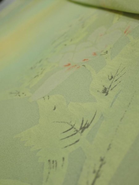 Photo4: 2P07z30  Japanese Kimono Silk  FABRIC Flower Lime green 48.4x7.1 (4)