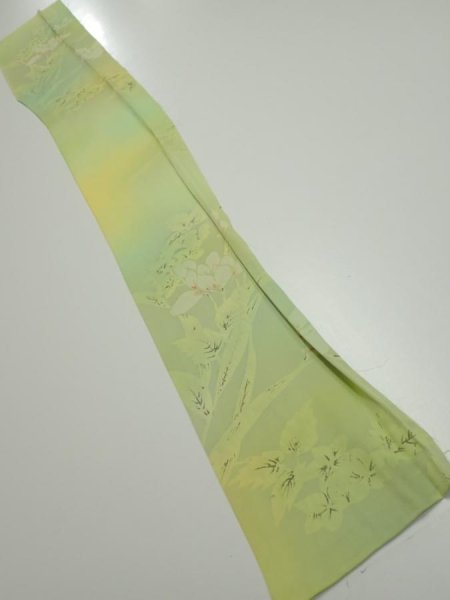 Photo5: 2P07z30  Japanese Kimono Silk  FABRIC Flower Lime green 48.4x7.1 (5)