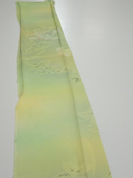 Photo3: 2P08z40  Japanese Kimono Silk  FABRIC Flower Lime green 56.3x7.1 (3)