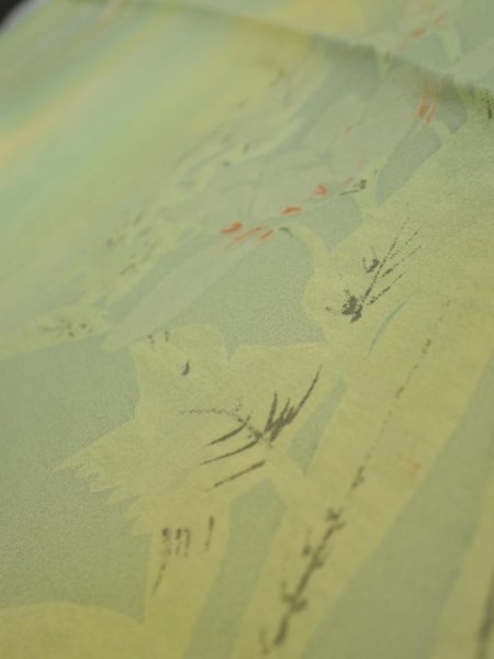 Photo4: 2P08z40  Japanese Kimono Silk  FABRIC Flower Lime green 56.3x7.1 (4)