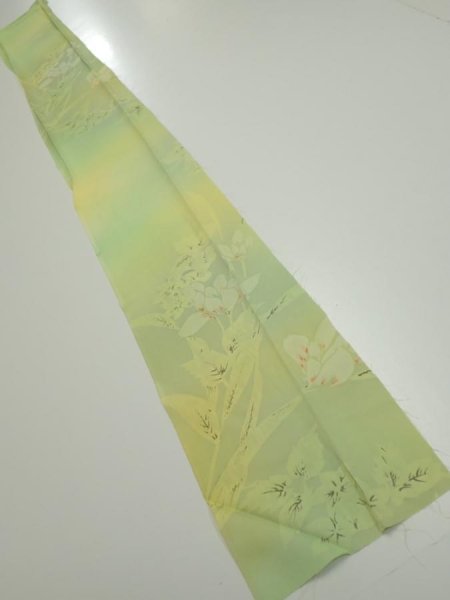 Photo5: 2P08z40  Japanese Kimono Silk  FABRIC Flower Lime green 56.3x7.1 (5)