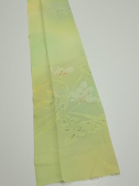 Photo2: 2P09z40  Japanese Kimono Silk  FABRIC Flower Lime green 58.7x7.1 (2)
