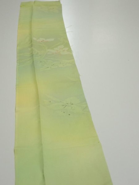 Photo3: 2P09z40  Japanese Kimono Silk  FABRIC Flower Lime green 58.7x7.1 (3)