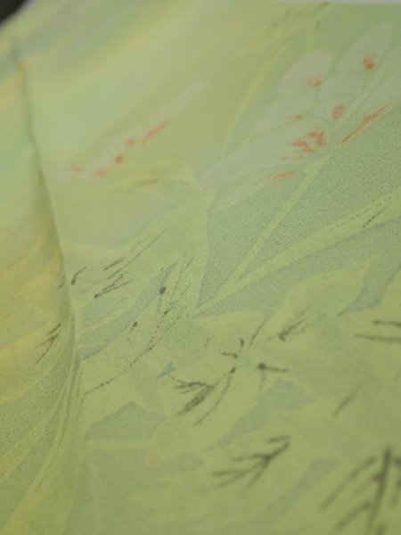 Photo4: 2P09z40  Japanese Kimono Silk  FABRIC Flower Lime green 58.7x7.1 (4)