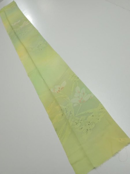 Photo5: 2P09z40  Japanese Kimono Silk  FABRIC Flower Lime green 58.7x7.1 (5)