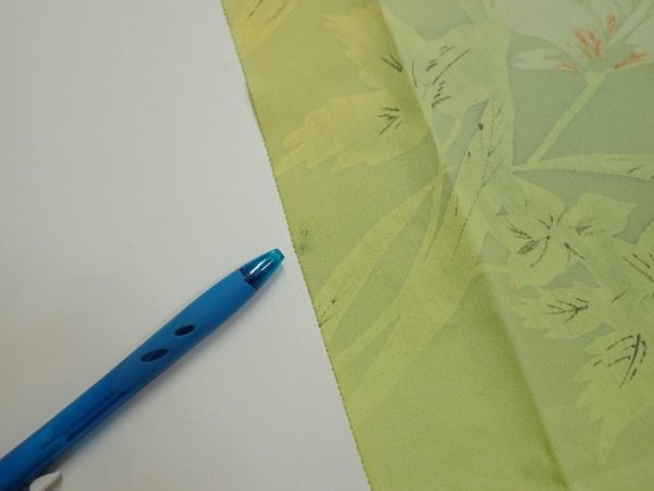 Photo6: 2P09z40  Japanese Kimono Silk  FABRIC Flower Lime green 58.7x7.1 (6)