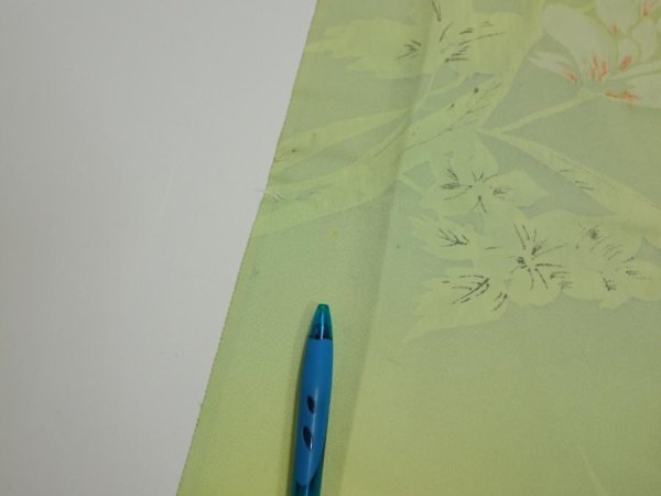 Photo7: 2P09z40  Japanese Kimono Silk  FABRIC Flower Lime green 58.7x7.1 (7)