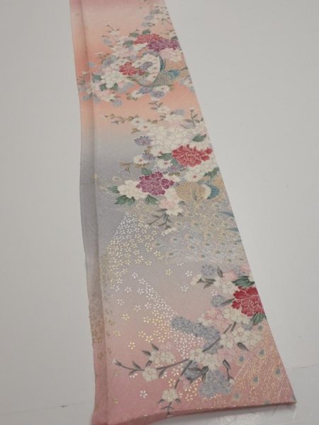 Photo2: 2Q08z40  Japanese Kimono Silk  FABRIC Peacock Pink 59.1x7.3 (2)