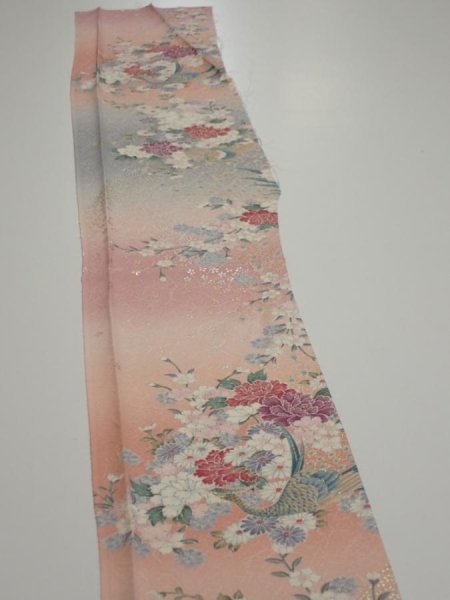 Photo3: 2Q08z40  Japanese Kimono Silk  FABRIC Peacock Pink 59.1x7.3 (3)