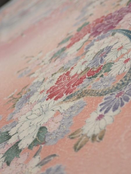 Photo4: 2Q08z40  Japanese Kimono Silk  FABRIC Peacock Pink 59.1x7.3 (4)