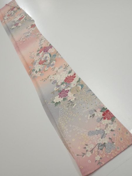 Photo5: 2Q08z40  Japanese Kimono Silk  FABRIC Peacock Pink 59.1x7.3 (5)