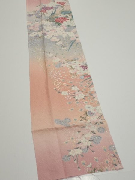 Photo2: 2Q09z60  Japanese Kimono Silk  FABRIC Peacock Pink 81.9x7.1 (2)