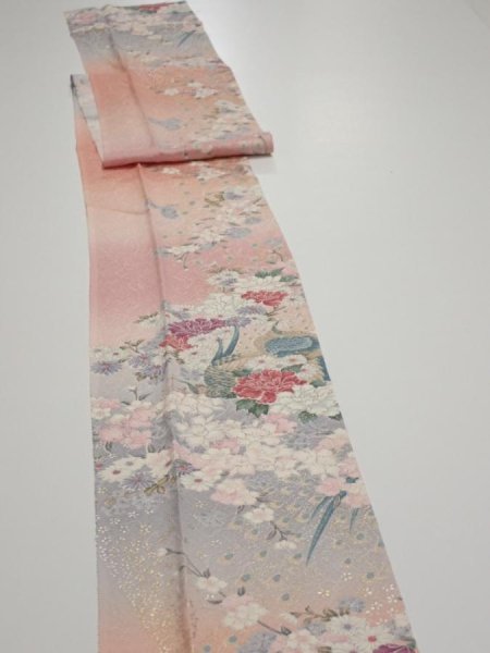 Photo3: 2Q09z60  Japanese Kimono Silk  FABRIC Peacock Pink 81.9x7.1 (3)