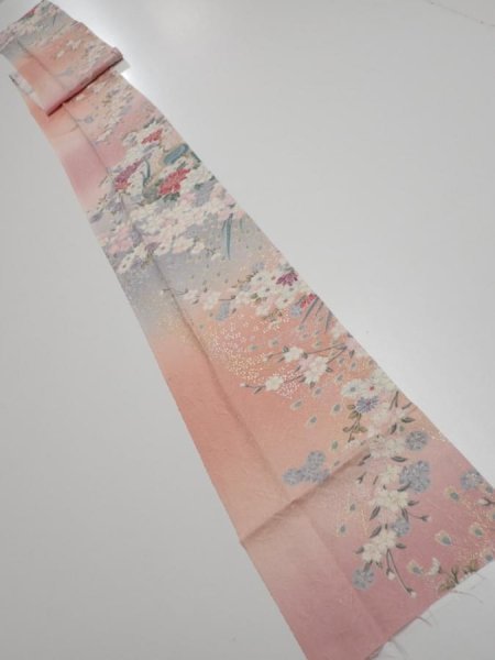 Photo5: 2Q09z60  Japanese Kimono Silk  FABRIC Peacock Pink 81.9x7.1 (5)