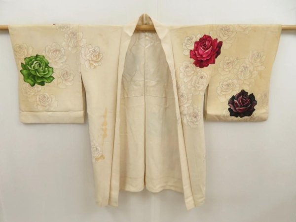 Photo7: 5608T08z660 Vintage Japanese Kimono Silk HAORI Rose Sand beige (7)