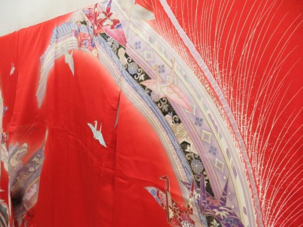 Photo2: 5608T12z1030  Japanese Kimono Silk FURISODE Origami crane  Dark red (2)