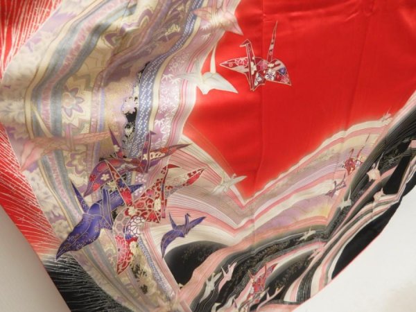 Photo3: 5608T12z1030  Japanese Kimono Silk FURISODE Origami crane  Dark red (3)