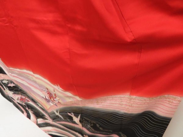 Photo4: 5608T12z1030  Japanese Kimono Silk FURISODE Origami crane  Dark red (4)