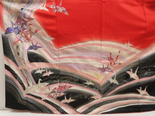 Photo5: 5608T12z1030  Japanese Kimono Silk FURISODE Origami crane  Dark red (5)