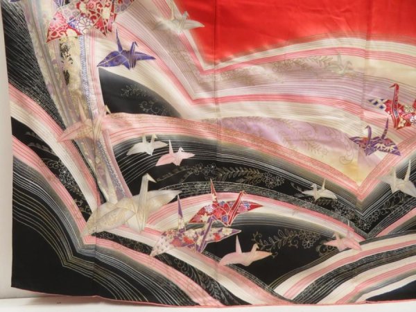 Photo6: 5608T12z1030  Japanese Kimono Silk FURISODE Origami crane  Dark red (6)
