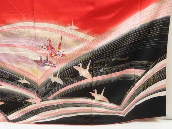 Photo7: 5608T12z1030  Japanese Kimono Silk FURISODE Origami crane  Dark red (7)