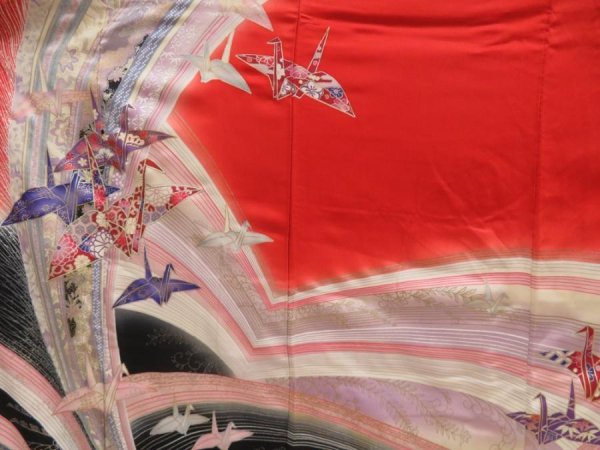 Photo8: 5608T12z1030  Japanese Kimono Silk FURISODE Origami crane  Dark red (8)