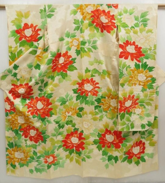 Photo1: 5608T13z840 Vintage Japanese Kimono Silk HITOE FURISODE Peony (1)
