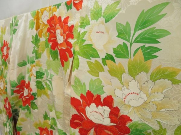 Photo2: 5608T13z840 Vintage Japanese Kimono Silk HITOE FURISODE Peony (2)