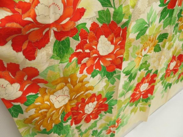 Photo3: 5608T13z840 Vintage Japanese Kimono Silk HITOE FURISODE Peony (3)
