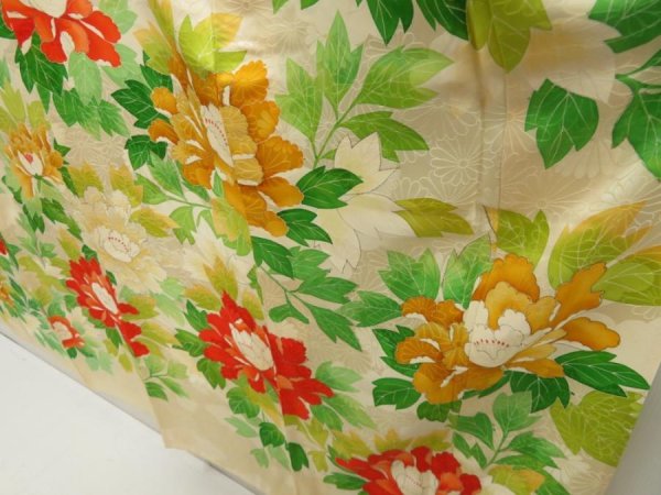 Photo4: 5608T13z840 Vintage Japanese Kimono Silk HITOE FURISODE Peony (4)