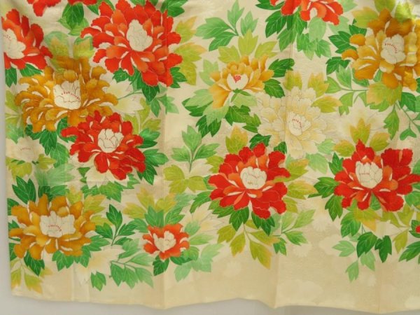 Photo5: 5608T13z840 Vintage Japanese Kimono Silk HITOE FURISODE Peony (5)
